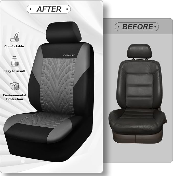 CAR PASS Car Seat Covers Full Sets, Front & Split Rear Bench for Car, 3D Tyre Embossed Automotive Interior Covers, Airbag Compatible, Quick Setup Universal Fit Seat Covers for Car, SUV(Black Gray)