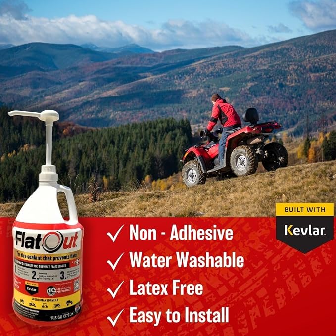 Flat Out Tire Sealant Sportsman Formula - Prevent Flat Tires - Seal Leaks - Sportsman Formula with Valve Core Tool - Contains Kevlar - Tubeless Tire Sealant - Fast-Acting Formula - 1 Gallon