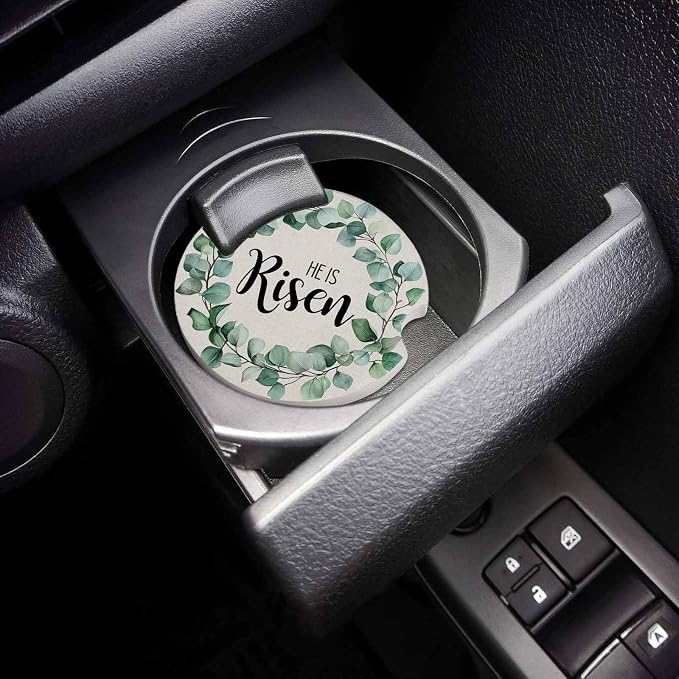 Car Coasters for Cup Holders 2.6"Dia Absorbent Coasters Set of 6 Car Interior Accessories for Women Men Spring Summer Eucalyptus Leaves Linen Bottom Ceramic Car Coaster for Drinks with Finger Grooves