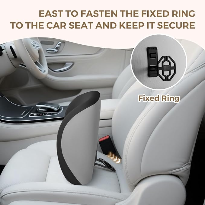 BEBAS Lumbar Support Pillow for Car, Memory Foam Lower Back Support for Driving, Ergonomic Lumbar Cushion for Back Pain Relief, Fixed Ring Lumbar Pillow for Car Seat, Office Chair- BlackGray