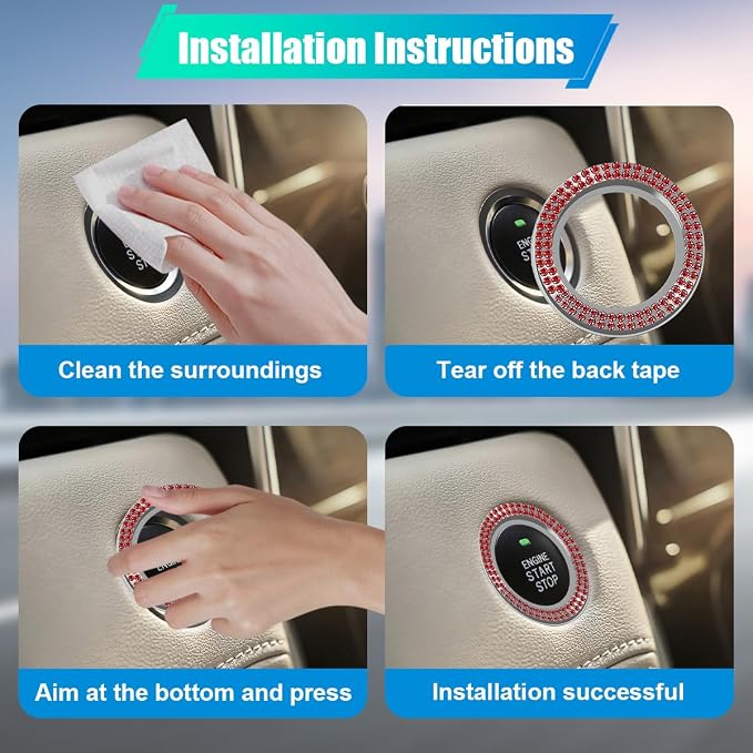Car Bling Crystal Rhinestone Engine Start Decoration Ring, Ring Start Button Cover Sticker Key Ignition & Knob Ring Decoration, Bling Car Interior Accessories for Women (Red)