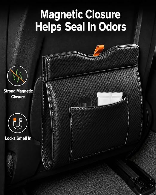 COZILO Leather Car Trash Can, Leak-Proof Odor-Lock Car Garbage Can with 60 Liners, Magnetic Closure & Liner-Hold, Storage Pocket, Metal Hooks, Hanging Car Trash Bin for SUV Sedan Truck, Carbon Fiber