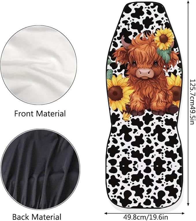 Cute Sunflower Highland Cow Front Seat Covers for Cars Bucket Seat Covers Black Cow Spots Decorative Automotive Seat Cushion Protectors Covers Automotive Accessories Interior Decoration