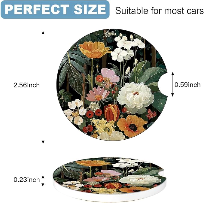 Car Cup Holder Coaster Set of 2, 2.56 in Ceramic Coasters, Scratch-Resistant Cork Backing, Finger Groove Design for Easy Placement, Cute Car Accessories Interior for Women (Black Flowers)