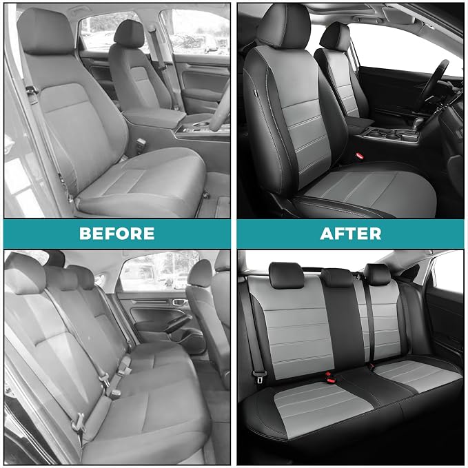 Seat Covers for Honda Civic Sedan Sport 2022 2023 2024 & LX 2022-2026, Custom Faux Leather Car Seats Cover Full Set Waterproof - Black Grey (Solid Rear Seatback - NO Rear Armrest)
