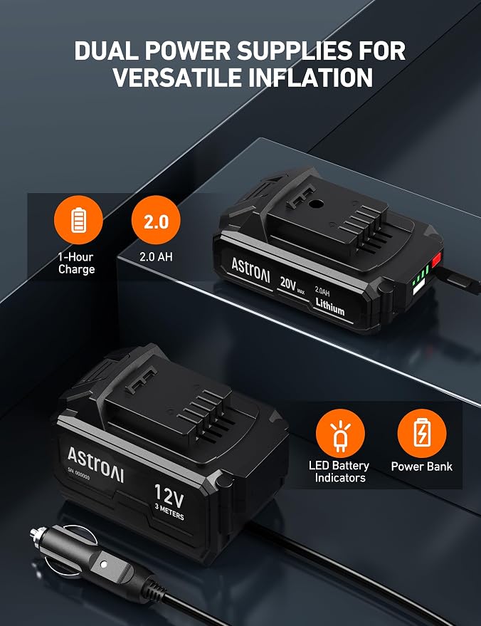 AstroAI C2 Cordless Tire Inflator Air Compressor 20V Rechargeable Battery Powered 160PSI Portable Air Pump with 12V Car Power Adapter Digital Pressure Gauge for Cars Motorcycles Red