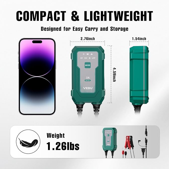 Smart 2A 6V/12V Battery Charger Maintainer - Auto Desulfator & Winter Mode for Deeply Discharged Lead-Acid & LiFePO4 Batteries - Perfect for Motorcycle, Car, Boat, RV, ATV