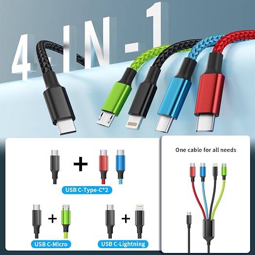 USB C Multi Charging Cable, 4 in 1 Charging Cords with Dual USB C Ports | USB C Input with IP, Dual USB C & Micro Ports, Nylon Braided Phone Charger for Multiple Devices, Travel Essentials