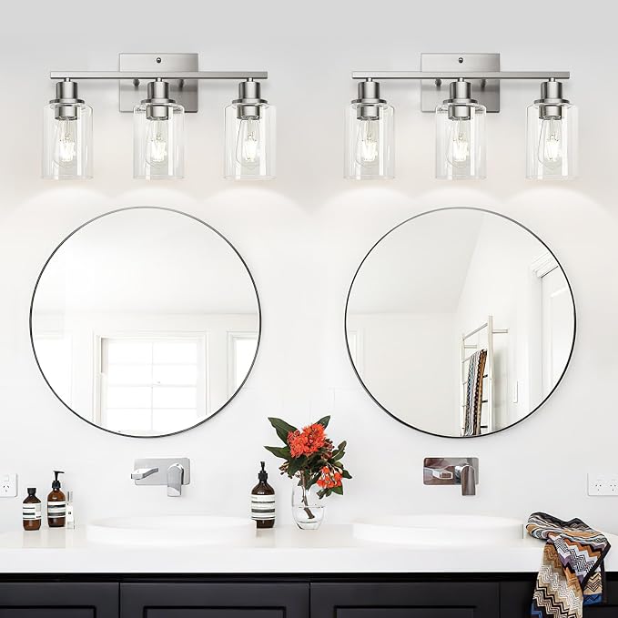MOKATNG 3-Light Bathroom Light Fixtures, Vanity Light with Clear Glass Shades, Brushed Nickel Bathroom Light Fixtures Over Mirror, Modern Bathroom Wall Lamp for Mirror Living Room Cabinet Bedroom