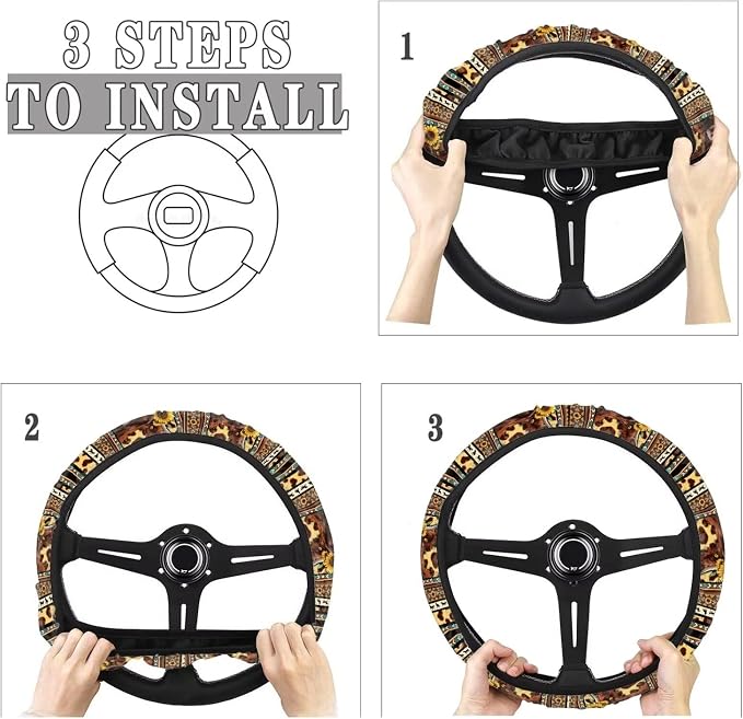 Wanyint Aztec Highland Cow Sunflower Leopard Print Auto Car Steering Wheel Cover for Women Men, Universal 15 Inch Soft Elastic Anti-Slip Easy to Install Car Accessories