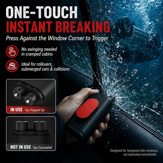 2 Pack Spring-Loaded Car Window Breaker and Seatbelt Cutter, Emergency Escape Tool with Testing Glass, Portable Automotive Safety Hammer for Underwater/Rollover Rescue (Red/Black)