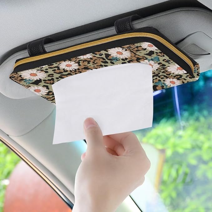 Leopard Daisy Tissue Box Sun Visor Tissue Holder Car Visor Napkin Holder with Back Clip Easy to Install Car Decoration