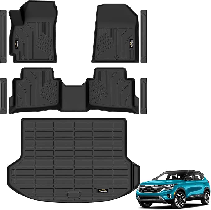Floor Mats & Cargo Liner Custom for Kia Seltos 2021-2025 2026, Door Sill Protectors, All Weather TPE Anti-Slip 1st & 2nd Row & Trunk Mat for Seltos 2025 Accessories, Black (Upper Cargo Floor Liner)