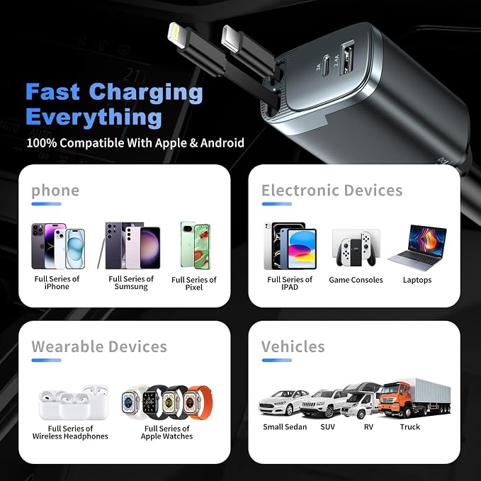 Retractable Car Charger, 4 in 1 Car Charger USB C Fast Charge, Cigarette Lighter USB Charger, Travel Essentials Car Accessories Gifts for Men Women for iPhone 17 16 15 14 13 12 Pro Max, Samsung
