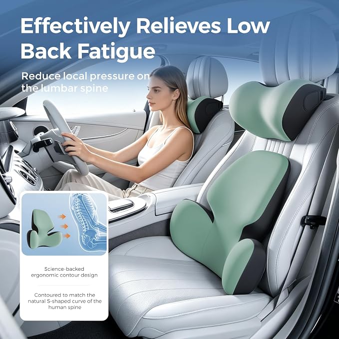 BEBAS Lumbar Support Pillow for Car, Memory Foam Back Cushion for Driving | Ergonomic Wing Wrapping, Back Pain Relief, Breathable Removable Cover, Softness, Universal Fit Car Seat, Office Chair