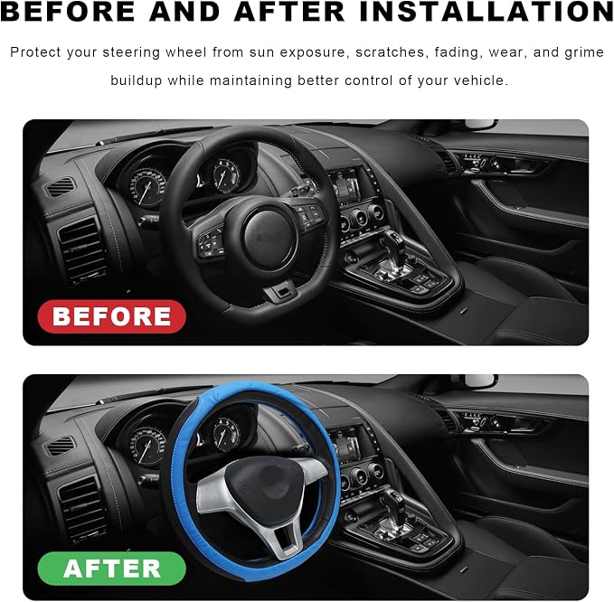 Sun Walker Steering Wheel Cover, Breathable Leather Steering Wheel Covers with Perforated Sides, Anti-Slip Comfortable Grip Auto Sleeve for 14.5-15 Inch Wheels, Car Accessories (Blue)
