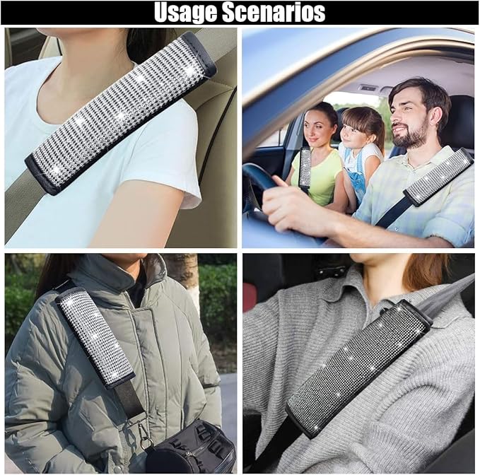 GLSOWEE 2PCS Bling Car Seat Belt Shoulder Pads for Women, White Diamond | Bling Rhinestones Seat Belt Covers, Car Seatbelt Strap Pad with Crystal Diamond, Car Interior Accessories for Car SUV