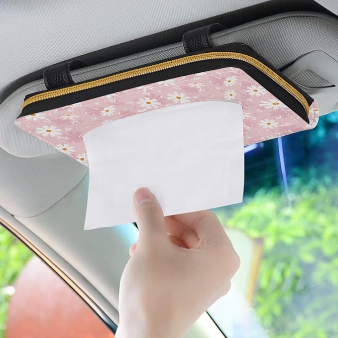 Leather Automotive Visor Tissue Holder Daisy Pattern Rectangular Sun Visor Napkin Hodler Universal Tissue Box for Car Offices Pink