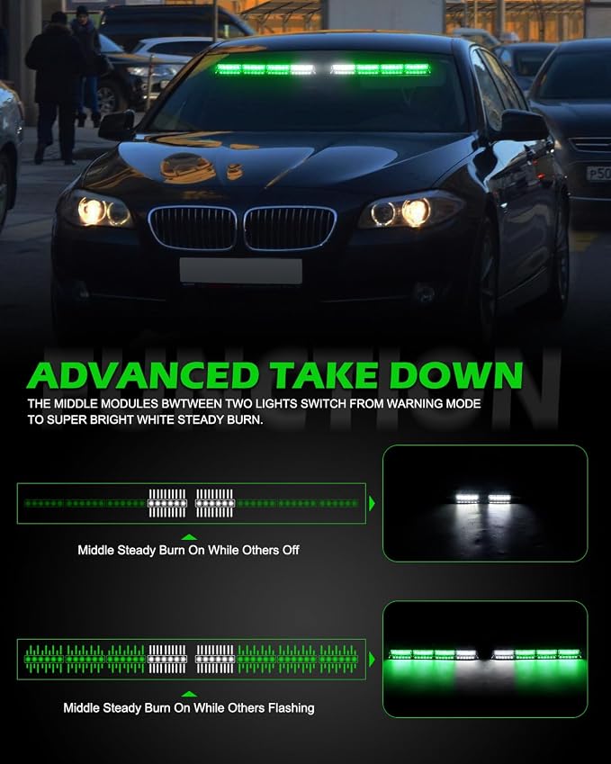 HLauto 604N Emergency Dash Strobe Lights: 2x16.8 inch Green Security Light w/Take Down, 48 LED Safety Flashing Warning Hazard Interior Windshield Light Bar for Truck Vehicle