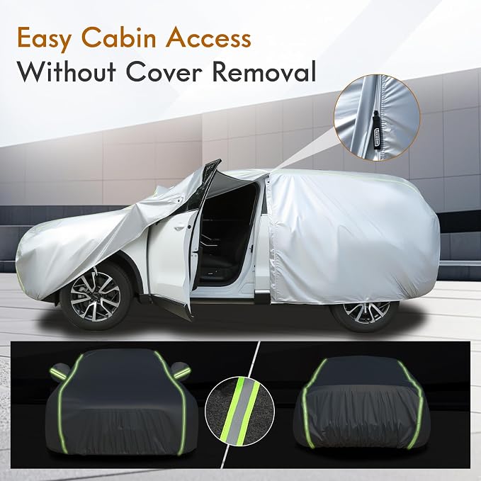 Tecoom SUV Car Cover Waterproof All Weather, Full Exterior Windproof Sun Rain Snow Hail Protection, Outdoor & Indoor Fit for Tesla Model Y Toyota RAV4 Nissan Rogue with Zipper Door/Lock (170-190")