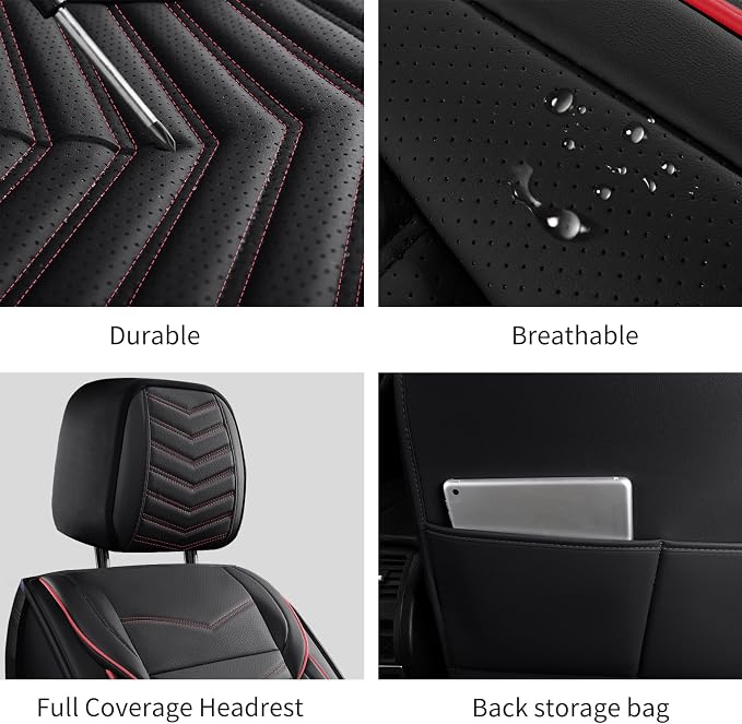 HChengkikz Front Car Seat Cover, Waterproof Faux Leather (Black + Redline) | Easy Maintenance, Airbag Compatible, Universal Fit For Most SUVs Trucks Pick-ups Sedans
