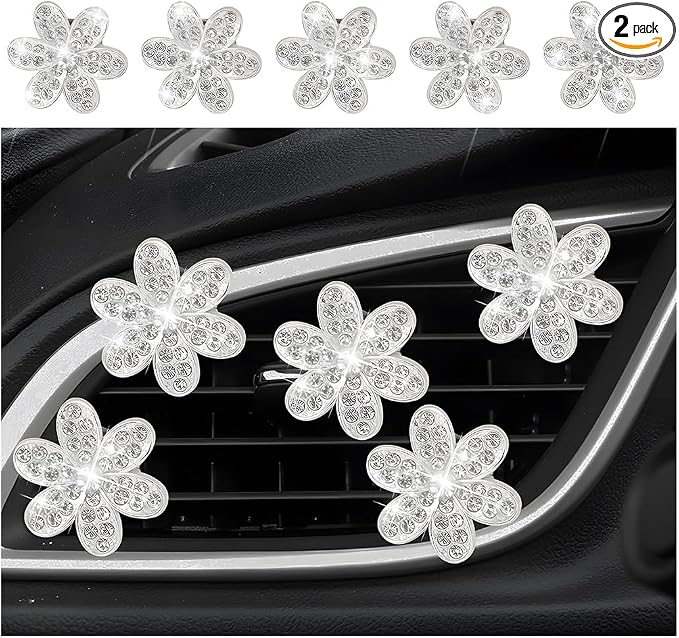 Osilly Bling Car Air Vent Clips, 4PCS/2Set Flower Rhinestone Vehicle Air Outlet Clamp, Sparkly Diamond Automotive Interior Vent Clip Charm Decor Accessories, Universal for SUV Truck RV (Silver)