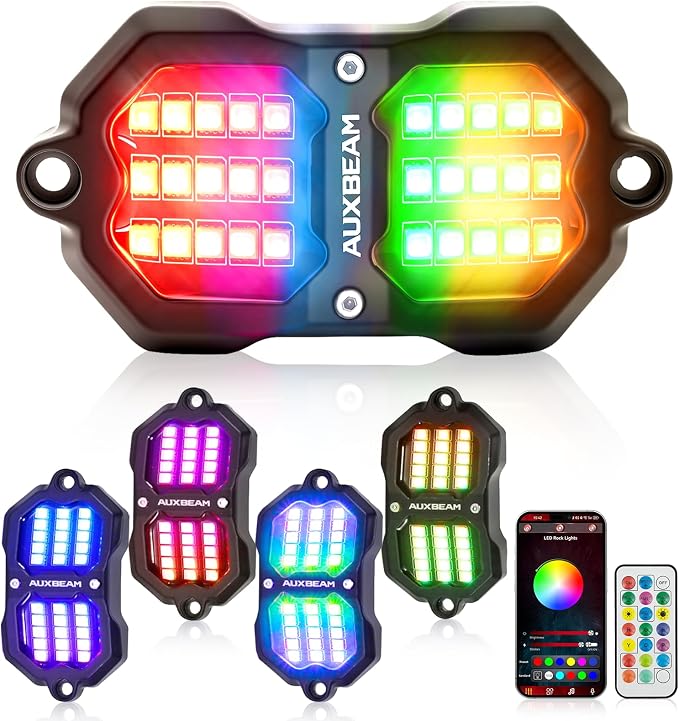 Auxbeam 4-Pod RGB LED Rock Lights with Brake Mode 213° Dual-Side Lighting Dynamic Color Changing Underglow Kit w/Bluetooth APP+Remote Control Music Voice Sync Waterproof for Truck ATV 2 Year Warranty