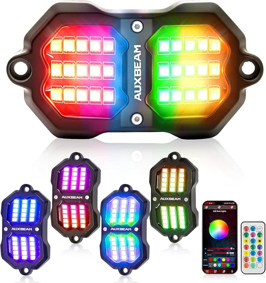 Auxbeam 4-Pod RGB LED Rock Lights with Brake Mode 213° Dual-Side Lighting Dynamic Color Changing Underglow Kit w/Bluetooth APP+Remote Control Music Voice Sync Waterproof for Truck ATV 2 Year Warranty