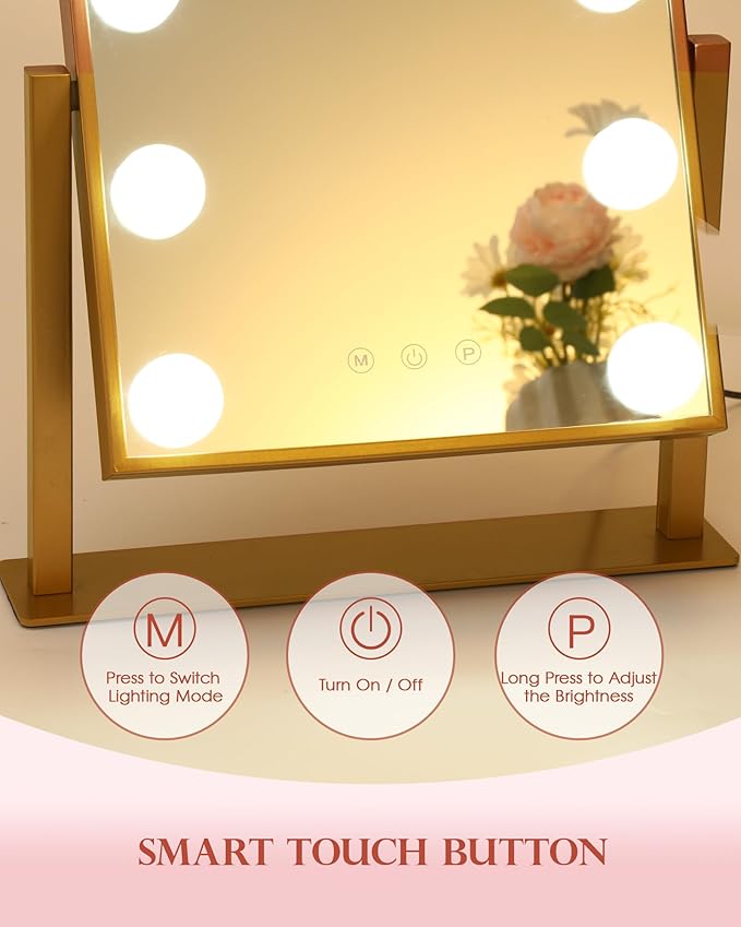 BWLLNI Vanity Mirror with Lights, Hollywood Mirror Lighted Makeup Mirror with 9 LED Bulbs, Touch Control Design 3 Colors Dimmable Bulbs Detachable 10X Magnification 360°Rotation(Gold)