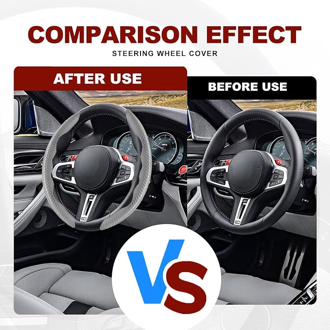 Universal Fit Carbon Fiber Steering Wheel Cover, Segmented Steering Wheel Protector, Carbon Fiber Anti-Skid Steering Wheel Cover Car Interior Accessories (2 Pcs Grey)
