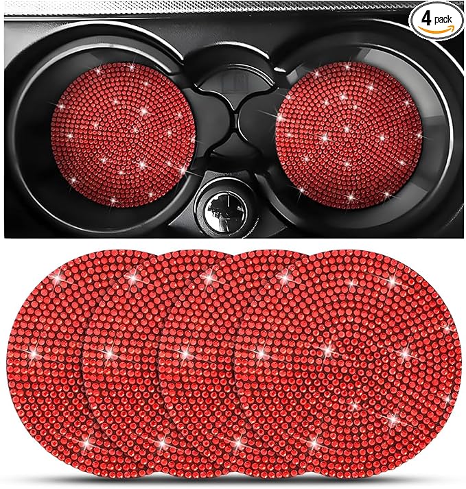 Osilly Bling Car Cup Holder Coaster, Crystal Rhinestone Anti-Slip Insert Coasters, Universal 2.75 Inch Fashion Automotive Cup Mat, Car Interior Accessories Decor Gifts for Women (Red, 4PCS)