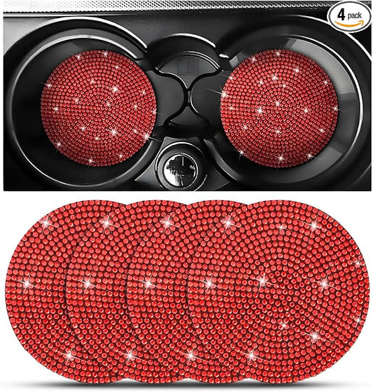 Osilly Bling Car Cup Holder Coaster, Crystal Rhinestone Anti-Slip Insert Coasters, Universal 2.75 Inch Fashion Automotive Cup Mat, Car Interior Accessories Decor Gifts for Women (Red, 4PCS)