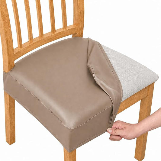 NILUOH Waterproof Seat Covers for Dining Room Chairs Set of 4, Pu Leather Chair Seat Slipcovers Dining Chair Cover Removable Washable Chair Protctor Cover, Rear Covers (PU-Taupe)