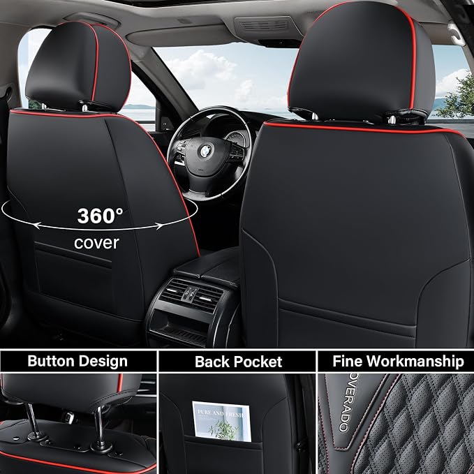 Coverado Front Seat Covers, Waterproof Seat Covers, 2 Pack Nappa Leather Car Seat Covers, Black Seat Covers for Cars, Automotive Seat Covers Universal Car Seat Protector Fit for Most Cars, Black&Red