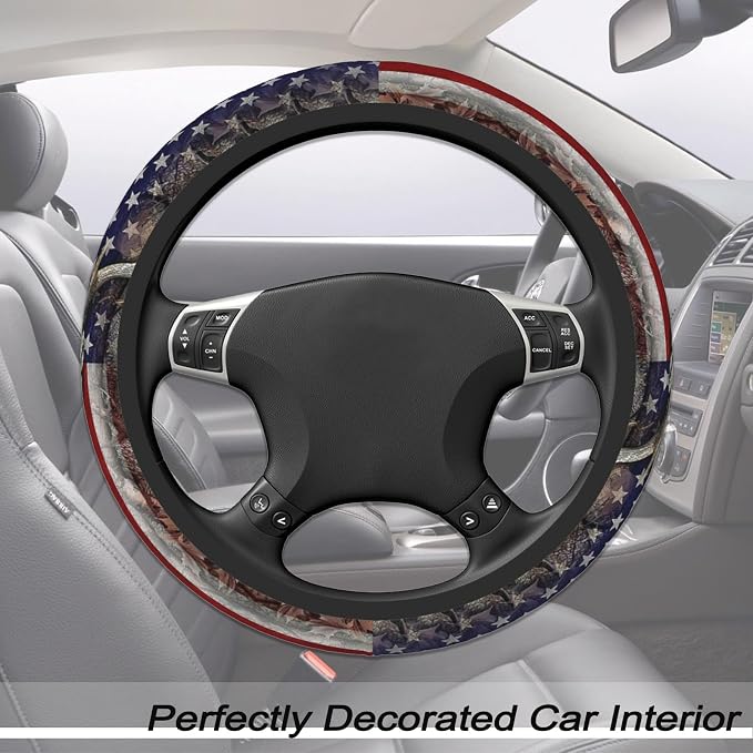 Camouflage Deer American Flag Steering Wheel Cover for Men | Anti-Slip Elastic Breathable Soft Rubber Car Steering Wheel Protective Cover, Universal 15 Inch Fit for Cars, Auto, SUVs