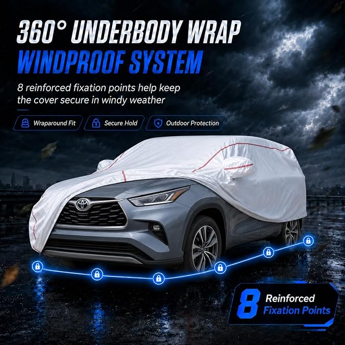 Waterproof All Weather Heavy Duty Vehicle Cover, 360° Underbody Wrap Windproof Design, Quick Install Outdoor Cover,（for Toyota Highlander 2001-2025）