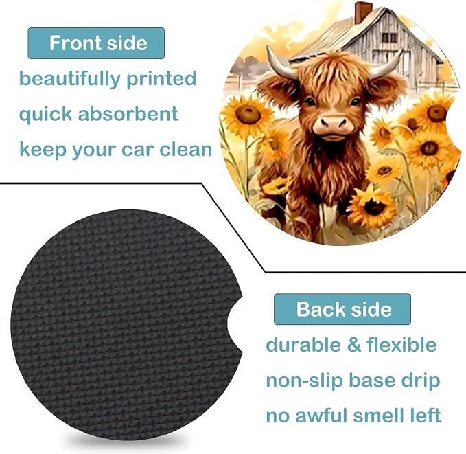 2 Pack Highland Cow Car Cup Holder Coasters,Universal Neoprene Coasters | 2.75" Universal Size Anti Slip Rubber Mat,Auto Cup Holder Accessories for SUV Truck,Cow Print Gifts for Women,Men,Mom