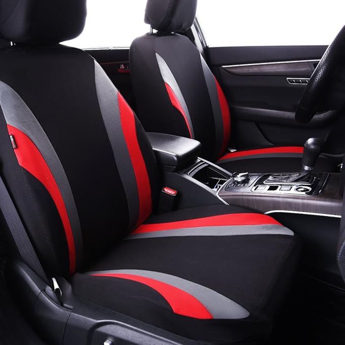CAR PASS Line Rider Sporty Cloth 11PCS Universal Fit Car Seat Cover -100% Breathable with 5mm Composite Sponge Inside,Airbag Compatible,3zipper Bench(Full Set, Black and Red)