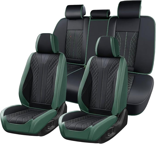 FLORICH Leather Seat Covers Full Set Automotive Car Seat Cover Front and Back Waterproof Auto Seat Covers Full Coverage Car Seat Protector Cushion Universal Fit for Most Cars SUV Trucks, Black&Green