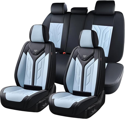 Coverado Car Seat Covers Full Set, Automotive Seat Covers Car Seat Protector Car Seat Cushion, Waterproof Leather Seat Covers for Cars, Universal Fit for Most Sedan SUV Pick-up Truck(Black&Light Blue)