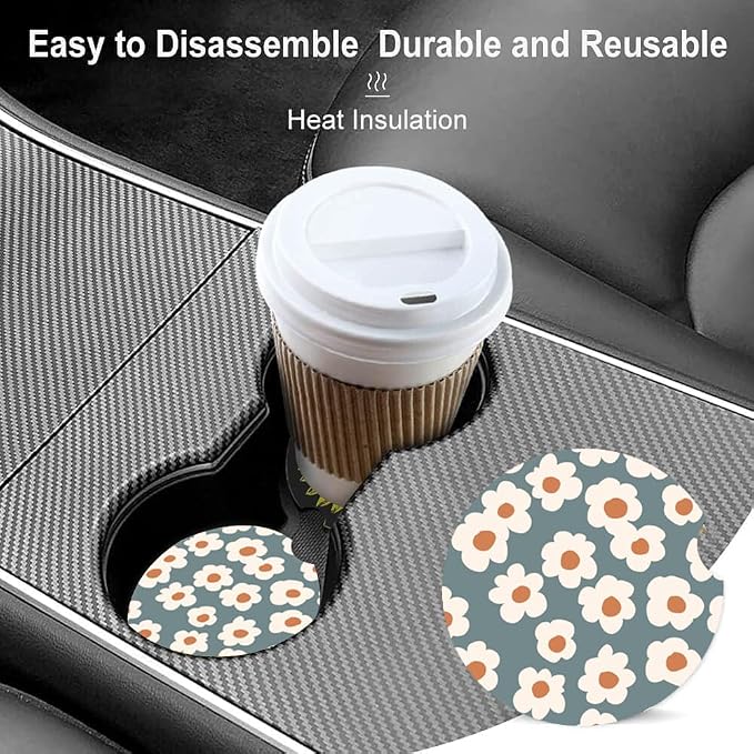 Absorbent Car Cupholder Coaster 2 Pack, Cute Car Coasters with a Finger Notch for Women & Men,2.56" Ceramic Stone & Non-Scratch Cork Base Drink Coasters Car Accessories Gifts (Cute Daisies)