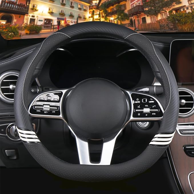 14 inch Cute Leather D Shape Steering Wheel Cover Black | Breathable Faux Leather and Carbon Fiber Flat Bottom Car Accessories for Women Men Small 13.5 inch to 14 inch
