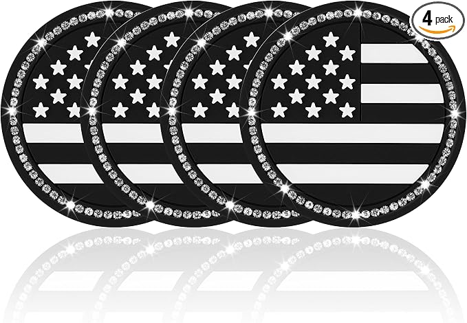 JUSTTOP Bling Car Cup Holder Coaster,4PCS American Flag Cup Holder Insert,Universal Non-Slip Cup Holders,Car Accessories Interior for Women and Man(Black)