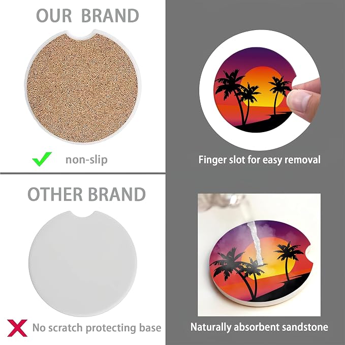 Tropical Palm Trees Coasters for Car & Beach Sunset Cute 2 Pack Anti Slip Ceramic Car Cup Holder Accessories with Finger Notch for Women & Men 2.56"