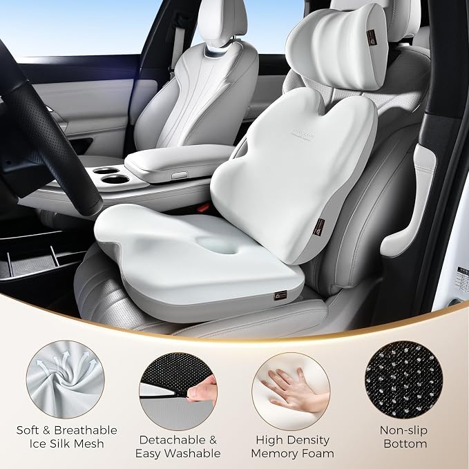 Coverado Car Seat Cushion Back Support Pillow Neck Headrest Pillow, Ergonomic Memory Foam Sciatica & Back & Tailbone Pain Relief Cushion for Office Chair Seat Cushion for Chair Gray&Light Gray