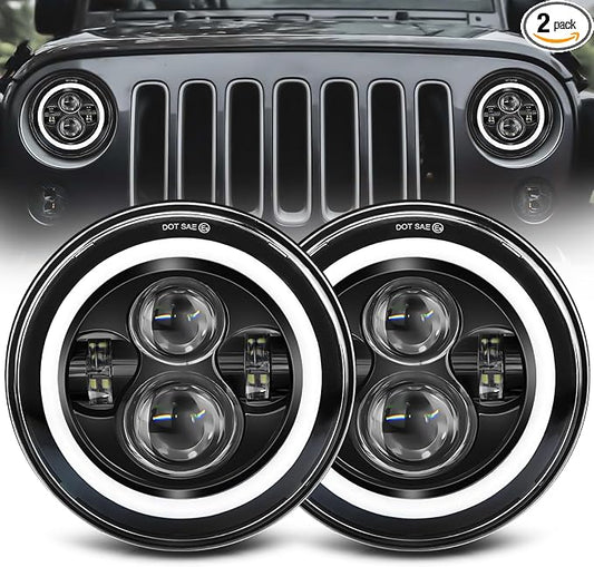 ZIMABLUE 7 inch led Headlight Round 2pc Projector 7 inch Halo led Headlight H6024 DOT Approved Hi/Lo Beam DRL Amber Turn Signal Compatible with Jeep Wrangler JK TJ CJ Compatible with Chevy and miata