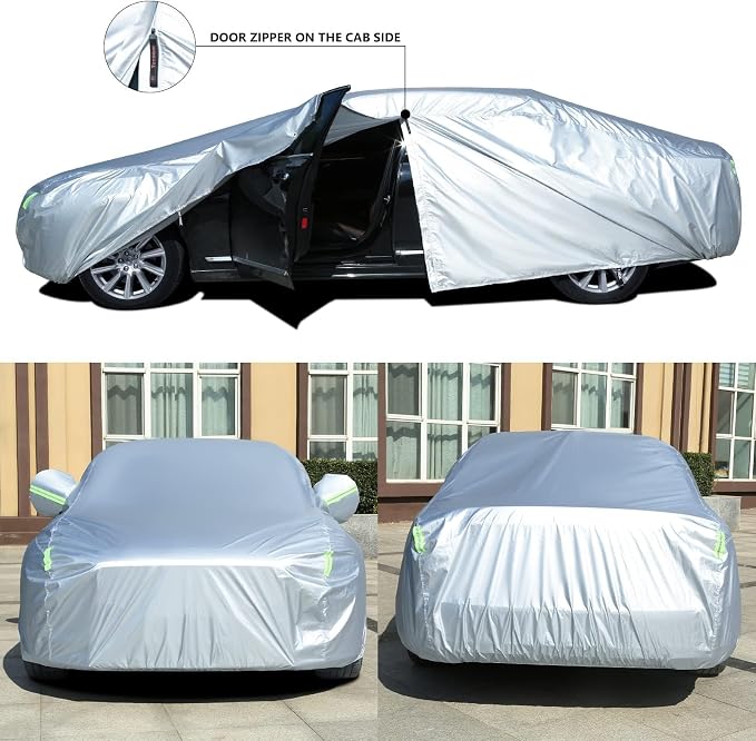 Tecoom Hard Shell Car Cover Oxford Fabric Waterproof UV-Proof Windproof with Door Zipper Design, All Weather Indoor Outdoor Fit for Sedan 201–210 Inches