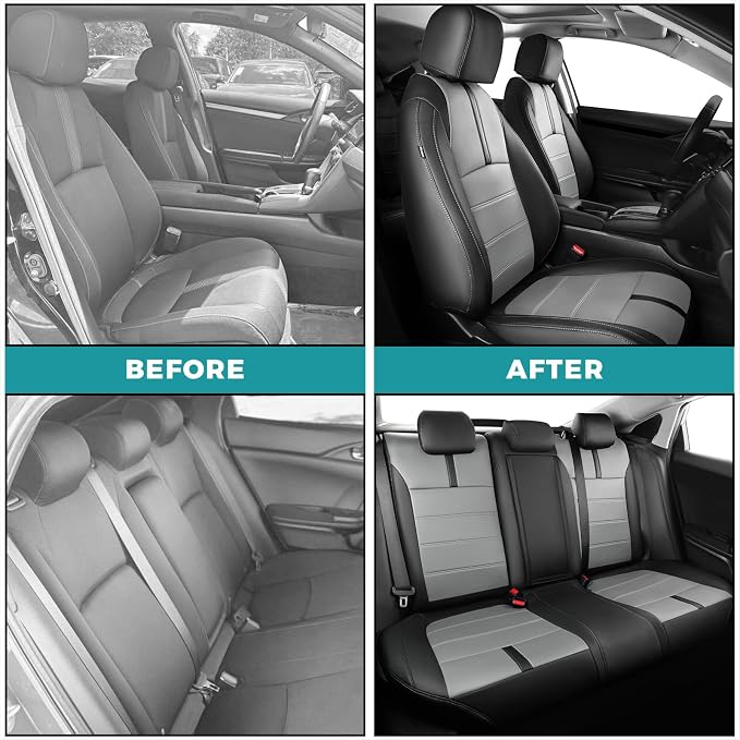 Seat Covers for Honda Civic Sedan EX-L, EX-T, EX, Touring, Sport 2016-2021, Faux Leather Car Seats Cover Full Set Waterproof Black Grey (60/40 Split Seatback-with Rear Armrest)