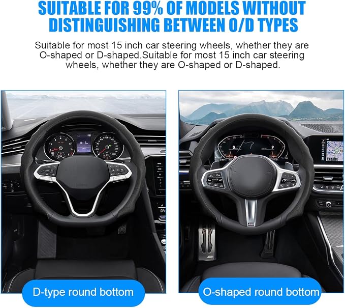 Car Steering Wheel Cover, 15 inch Nappa Leather Anti-Slip & Ultra-Thin 5D Vehicle Steering Wheel Protector, Breathable Automotive Interior Accessories, Universal Fit (Black)