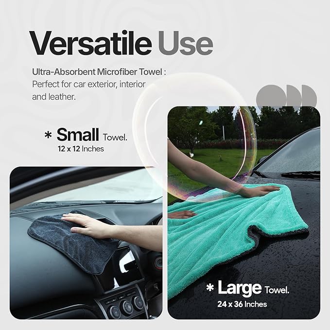 Crystal Clean 1300GSM Microfiber Towels for Cars – XL Drying Towel with Double Twisted Loop, Professional Detailing Towel Car Detailers - Quick Dry, Paint Safe & Swirl-Free (2 Pack Green)